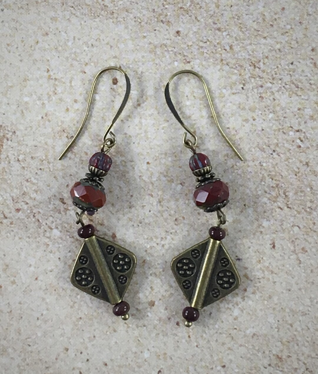 Dark Red Czech Glass and Brass Dangle Earrings Boho Earrings - Etsy