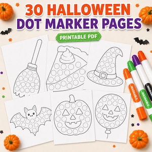 May include: A set of 30 Halloween dot marker pages in a printable PDF format. The pages feature black and white line art of a broom, a slice of pie, a witch hat, a bat, a jack-o'-lantern, and a balloon, all designed for dot markers.