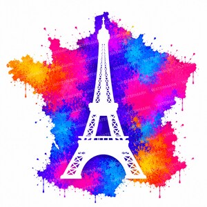 May include: A white silhouette of the Eiffel Tower centered over a vibrant, multi-colored watercolor splash background shaped like the map of France, featuring bright splatters of pink, purple, blue, and orange paint across the entire design.