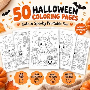 Może przedstawiać: Zbiór 50 kolorowanek na Halloween z czarno-białymi rysunkami liniowymi przedstawiającymi duchy, koty w czapkach czarownic, dynie i kociołki. Tekst zawiera napisy 50 Halloween Coloring Pages, Cute & Spooky Printable Fun oraz Instant Download.