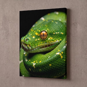 Green Snake Wall Art, Black Background Animal Photo, Realistic Python Poster, Large Printable Digital Print, Exotic Moody Living Room Decor