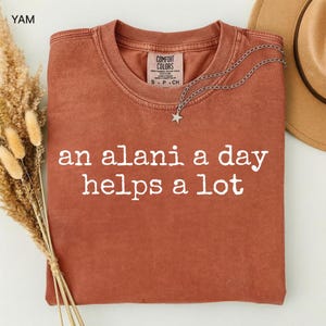 May include: A rust-colored t-shirt with the phrase "an alani a day helps a lot" in white block letters. A silver necklace with a star pendant rests on the shirt. The shirt has a Comfort Colors tag.