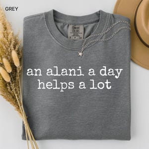 May include: Grey Comfort Colors t-shirt with the text "an alani a day helps a lot" in white. A silver necklace with a star pendant is draped across the shirt. A beige hat and dried flowers are in the background.
