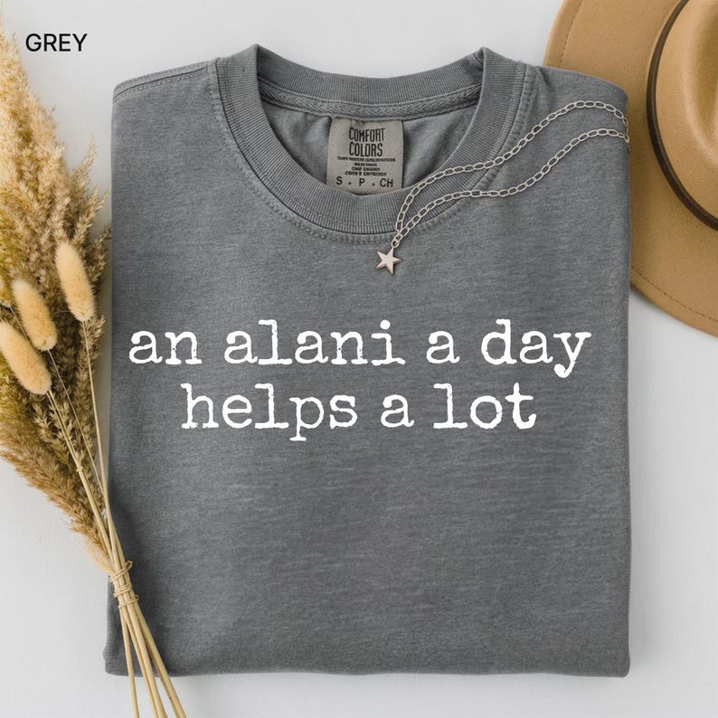 May include: Grey Comfort Colors t-shirt with the text "an alani a day helps a lot" in white. A silver necklace with a star pendant is draped across the shirt. A beige hat and dried flowers are in the background.