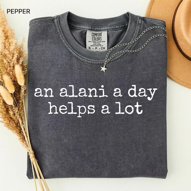 May include: Pepper-colored, crew neck t-shirt with the text "an alani a day helps a lot" in white. A silver necklace with a star pendant is draped across the shirt. The shirt is from Comfort Colors.