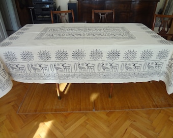 Handgeblockte große rechteckige Tischdecke - Unikat - Creme - 160x206 cm -Garten - Sommer- Picknick