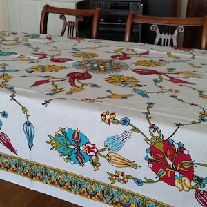 Large Rectangle  Tablecloth with classical Turkish/Ottoman design - white background- Boho-picnic-summer- wedding gift- housewarming gift