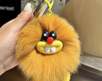Cute Monster Fur Keychain, Kawaii Pom Pom Bag Charm, Fluffy Plush Keyring, Cartoon Face Pendant, Handbag Accessory, Children’s Day Gift