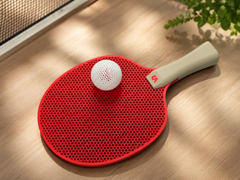 May include: A red ping pong paddle with a honeycomb design and a beige handle. A white ping pong ball rests on the paddle. The paddle has a red "S" logo on the handle. The items are on a wooden surface.
