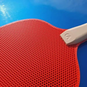 May include: Close-up of a red ping pong paddle with a perforated surface and a gray handle. The handle has a white logo. The paddle is set against a blue background.