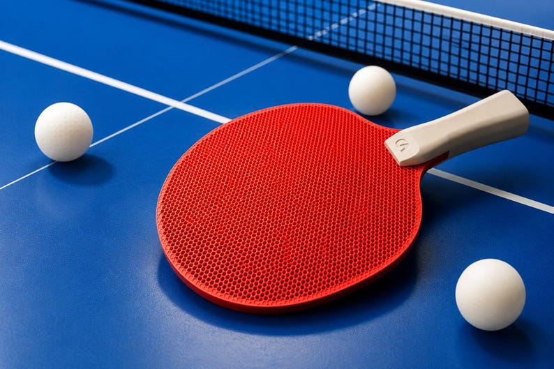 May include: A red ping pong paddle with a white handle rests on a blue table, next to three white ping pong balls. A white net is visible in the background. The table has white lines.