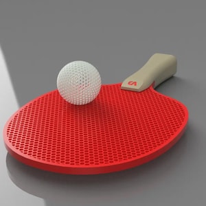 May include: A red ping pong paddle with a beige handle and a white ball. The paddle has a honeycomb pattern on its surface. The handle has the letter "CA" in red. The ball is white and has a perforated design.