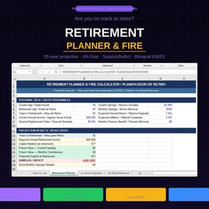 Puede incluir: Una captura de pantalla de una hoja de cálculo de planificación de la jubilación titulada "RETIREMENT PLANNER & FIRE". La hoja de cálculo incluye secciones para datos personales y resultados de proyección. El fondo es azul oscuro con un patrón de cuadrícula.