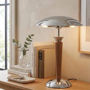 Mid-Century Modern tafellamp van chroom en hout - Bureaulamp in Bauhaus-stijl - Retro Deens design nachtlampje - Minimalistische Space Age verlichting