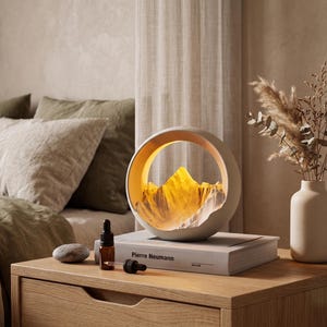 Luminária Golden Mountain Sunset, Luz Noturna Ambiente Recarregável, Difusor de Aromaterapia Zen, Decoração para Meditação, Luminária de Cabeceira Wabi Sabi