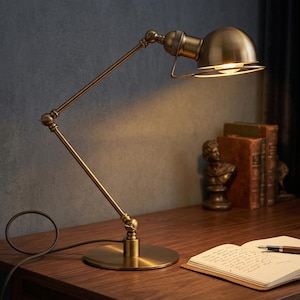 Puede incluir: Una lámpara de escritorio de latón con un brazo ajustable y una pantalla en forma de cúpula. La lámpara está sobre un escritorio de madera, proyectando una luz cálida. Se ven un cuaderno y un bolígrafo, lo que sugiere un espacio de trabajo. El diseño de la lámpara evoca una estética vintage.