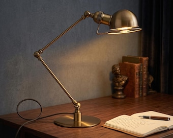 Antique Brass Industrial Articulated Desk Lamp, Steampunk Vintage Task Light, Adjustable Swing Arm Table Lamp, Retro Home Office Decor