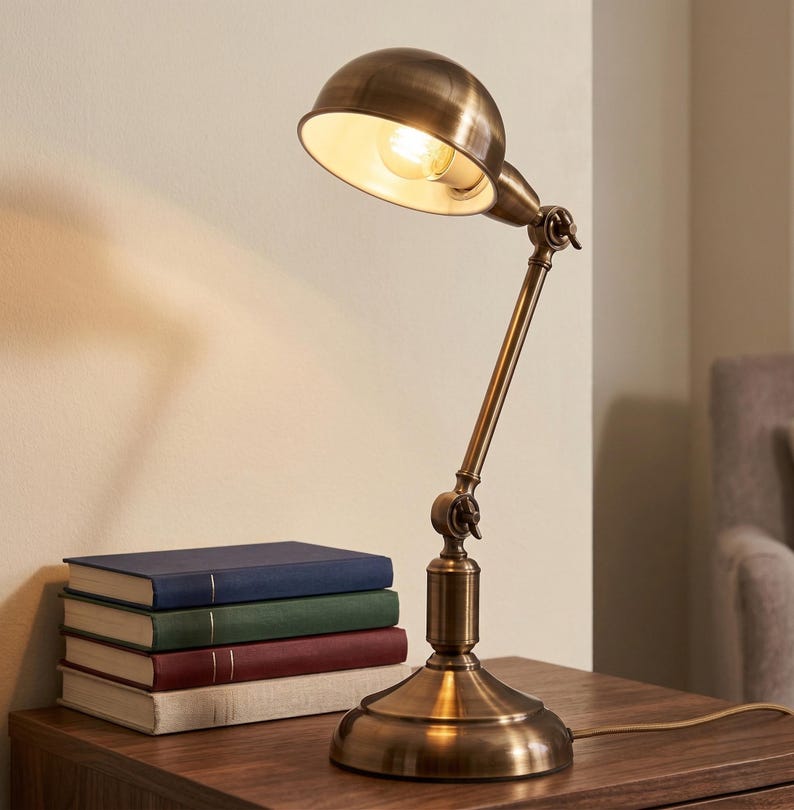 Brass reading lamp on a wooden desk beside stacked books in a cozy workspace
