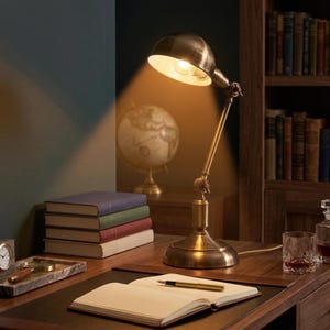 Warm lit brass desk lamp styled on a wooden desk with books in a moody home office