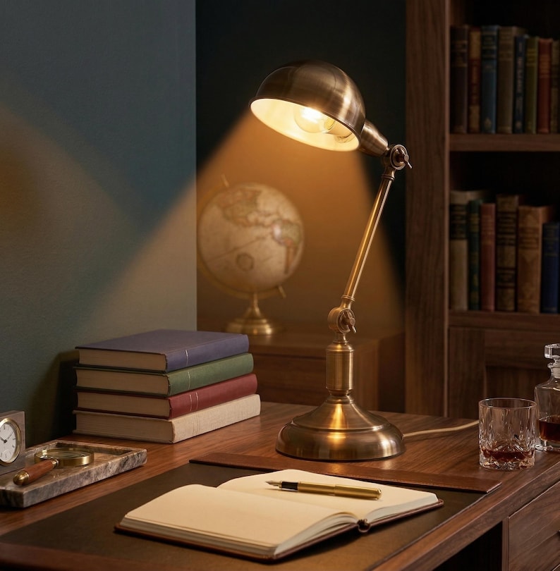 Warm lit brass desk lamp styled on a wooden desk with books in a moody home office