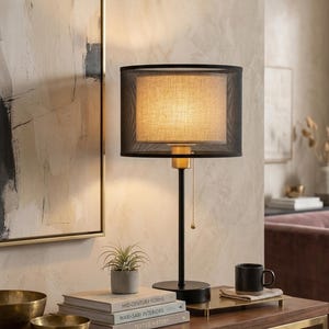 May include: A black and gold table lamp with a rectangular lampshade. The lampshade is covered in a black mesh material, and the interior is a light beige color. The lamp is on a wooden table with books and a small plant.