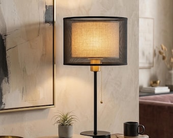 Industrial Mesh Table Lamp with Pull Chain | Modern Double Shade Bedside Light | Minimalist Black Metal Lamp for Bedroom & Office