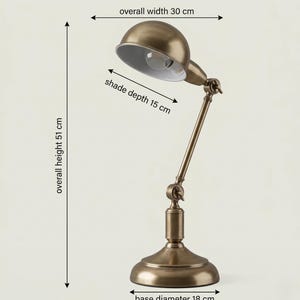 Dimensions image of the brass desk lamp showing height, width, and base measurements