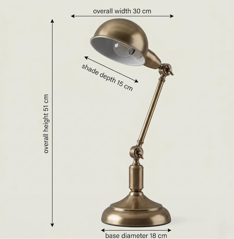 Dimensions image of the brass desk lamp showing height, width, and base measurements