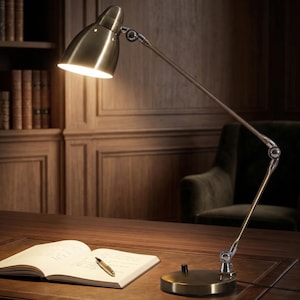 Industrial Articulated Desk Lamp Antique Brass - Adjustable Balanced Arm Task Light, Retro Mid-Century Office Lamp for Drafting & Reading.