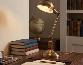 Lámpara de escritorio de latón antiguo - Lámpara de trabajo industrial vintage ajustable, lámpara de lectura retro con brazo articulado, decoración de oficina de mediados de siglo E27