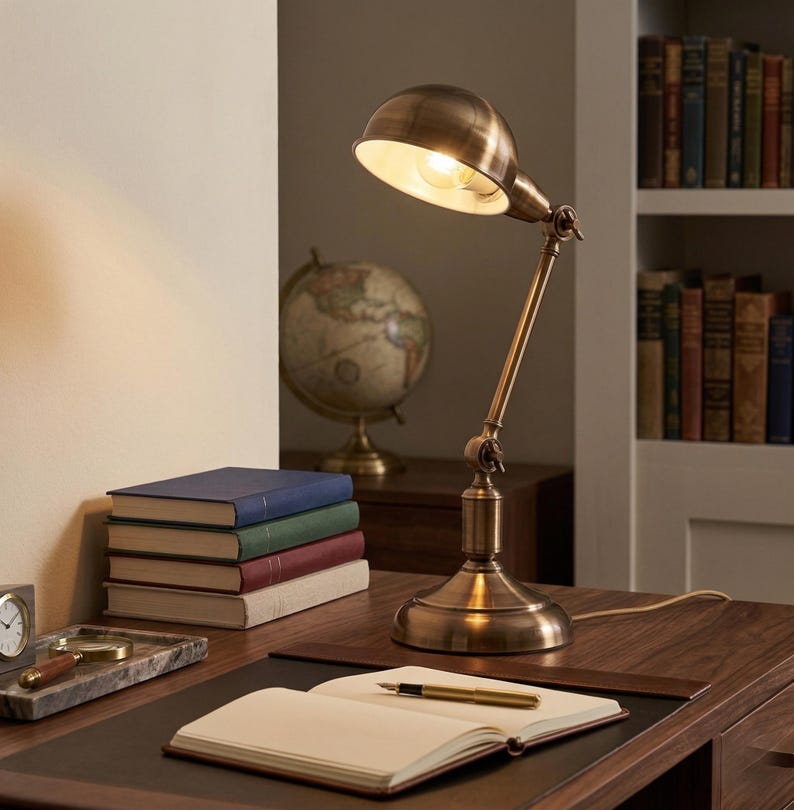 Vintage brass desk lamp on a wooden desk with books in a warm study interior
