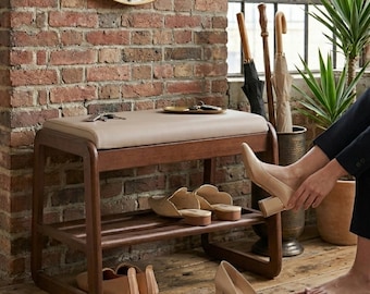 Banc à chaussures en bois avec coussin, banc d'entrée avec étagère de rangement, banc en noyer, organisateur de couloir minimaliste, banc en bois moderne