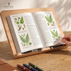 Puede incluir: Un atril de madera con un libro abierto con ilustraciones botánicas. El libro se sujeta con una barra de metal negro. El atril tiene el texto "ROSETREE ORGANIZER" impreso.