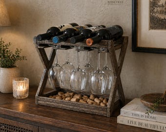 Portabottiglie da banco con vetro, portabottiglie rustico in legno, portabottiglie per vino, supporto per 5 bottiglie di vino, portabottiglie in legno