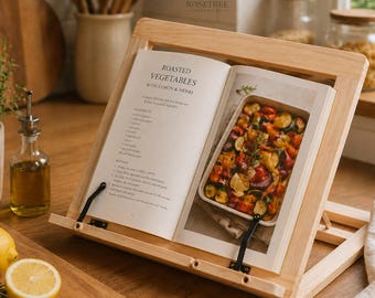 Adjustable Wooden Book Stand with Clips, Foldable Reading Holder, Tablet and Cookbook Stand, Ergonomic Desk Organizer, Wood Book Holder