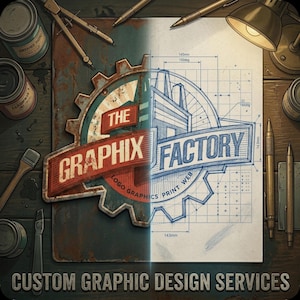 May include: An artistic image showcasing graphic design services. The image features a logo design with the text "The Graphix Factory" and a blueprint-style design. Various tools like pens, compasses, and paint cans surround the design, with the text "Custom Graphic Design Services" at the bottom.
