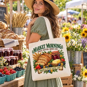 May include: A cream-colored canvas tote bag featuring a colorful graphic print of sliced bread, a jar of berry jam, and a block of butter. The text reads MARKET MORNING BREAD BUTTER BERRY JAM and SPREAD A LITTLE LOCAL LOVE in green and brown.