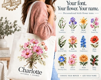 Personalized Birth Flower Tote Bag, Custom Name Canvas Tote, Birth Month Flower Gift for Her, Bridesmaid Gift, Mom Birthday Gift