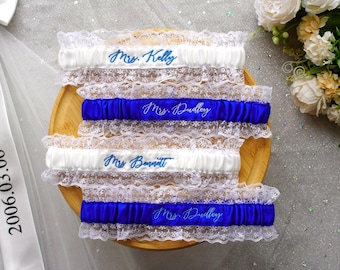 Custom Ivory Lace Wedding Garter with Embroidery, Personalized Something Blue Bridal Garter