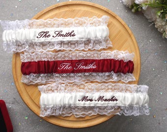 Custom Ivory Lace Wedding Garter with Embroidery, Personalized Something Blue Bridal Garter