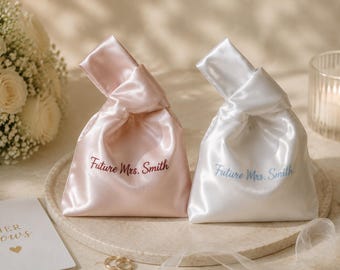 Personalized Embroidered Satin Bride & Bridesmaid Makeup Bag, Satin Knot Bag, Wedding Gift, Bridal Party Favor