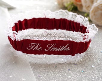 Ivory Lace Bridal Garter, Personalized Wedding Garter with Embroidery Name, Something Blue Bride Gift