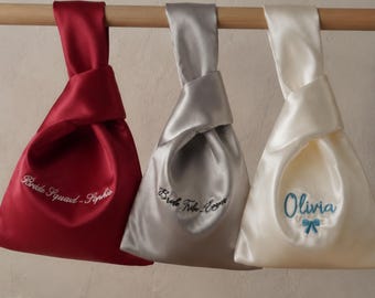 Personalized Satin Knot Bag, Custom Embroidered Bride & Bridesmaid Makeup Bag, Bridal Party Gift, Bachelorette Gift