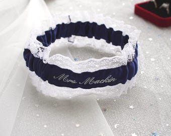 Custom Ivory Lace Bridal Garter, Personalized Wedding Garter Embroidery Name, Something Blue Bride Gift
