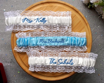 Custom Ivory Lace Wedding Garter with Embroidery, Personalized Something Blue Bridal Garter