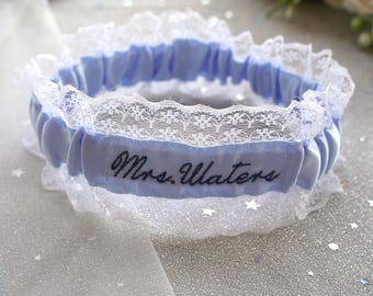 Custom Ivory Lace Wedding Garter with Embroidery, Personalized Something Blue Bridal Garter