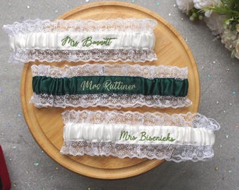 Custom Ivory Lace Wedding Garter with Embroidery, Personalized Something Blue Bridal Garter