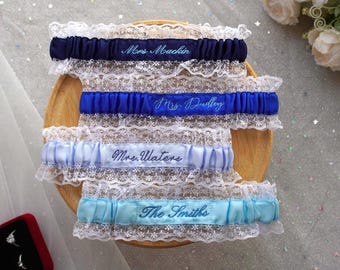 Custom Ivory Lace Wedding Garter with Embroidery, Personalized Something Blue Bridal Garter