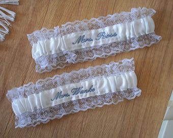 Custom Embroidery Ivory Lace Wedding Garter, Personalized Something Blue Bridal Garter, Custom Bride Name Garter