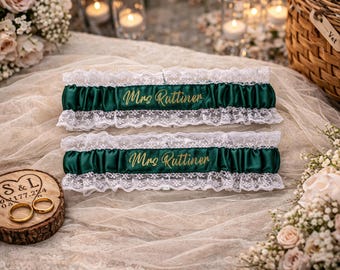 Liga nupcial de encaje color marfil personalizada con bordado, liga nupcial personalizada "Algo azul"